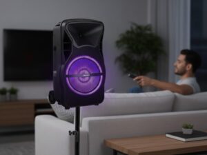 The image shows a bluetooth speaker being used in a house